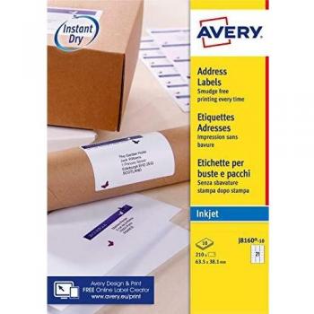 Avery Self Adhesive Address Mailing Labels, Inkjet Printers, 21 Labels per A4 Sheet