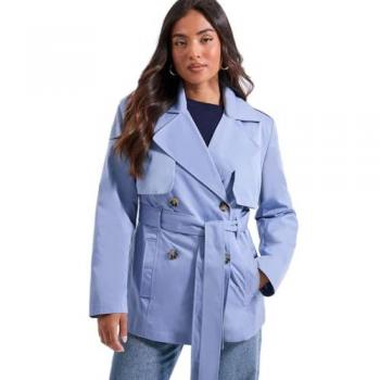 Light Blue Petite Double-Breasted Belted Trench Coat for Women – Size 12