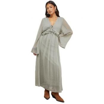 Smoky Khaki Petite Dobby Chiffon Plunge Neck Ruffle Midi Dress