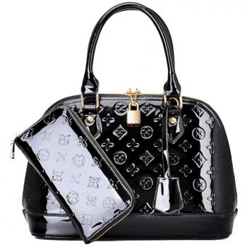 Yan Show Damenhandtasche aus Glanzleder, schwarzer Schulterbeutel, inklusive passender Geldmappen (2 Stück)