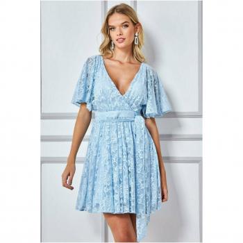 Goddiva Womens Lace Kimono Wrap Skater Mini Dress