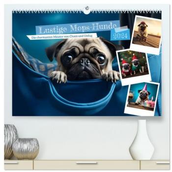 Lustige Mops-Hunde: Die charmanten Meister von Chaos und Unfug (hochwertiger Premium Wandkalender 2024 DIN A2 quer) Kunstdruck in Hochglanz
