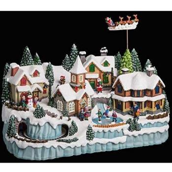 Pro Navidad® Pueblo de navidad Giethoorn | Poblado navideño luminoso con patinadores, túnel, tren, y Papa-Noel con renos volando | 55x31x34.5 cm