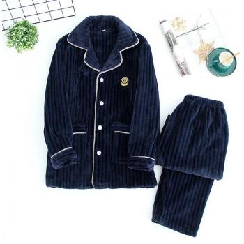 Warmer Herren Pyjama Anzug für Herbst und Winter, dicke Hosen, lange Ärmel, Plus Größe, Korallen-Flanell
