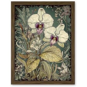 Grand Orchid Design in White & Purple – William Morris Style, 18x24