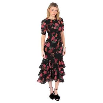 Anaya with Love Floral Short Sleeve Midi Dress – Black, Women's Size 14