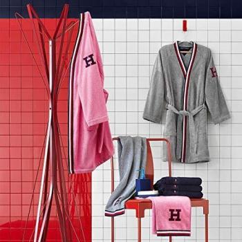 Tommy Hilfiger Frottee Melange Bademantel, Stehkragen, Gürtel, H-Applikation