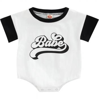 Round Neck Infant Romper, Casual Summer Outfit, Short Sleeve, Letter Print