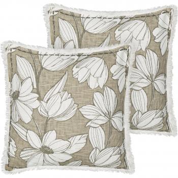 Set of 2 White and Green Boho Cushions 45 x 45 cm Floral Pattern Fringed Removable Cover