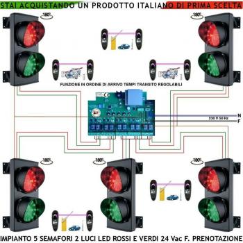 Kit Securvera Impianto Semaforo Condominio: 5 ingressi/uscite, 2 luci LED rosso/verde (24+24), IP65, tempo da 0,5 a 3 s