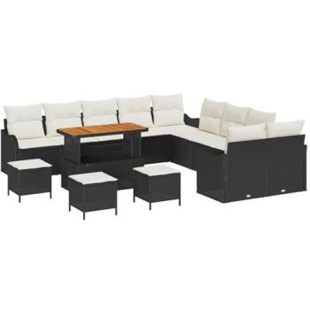 Coffret de meubles d'extérieur 14 articles en rotin noir, coussin crème