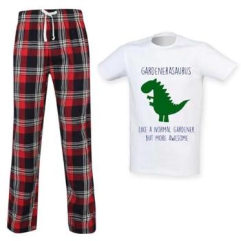 Men’s Red Gardener Dinosaur Tartan PJ Set – 60 Second Makeover – XL