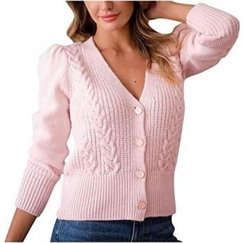 Pull en tricot femme boutons col en V manches longues tricot fin chaud automne hiver confortable décontracté rose XL