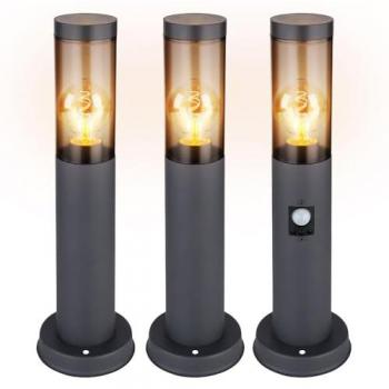 Lampadaire extérieur à détection automatique, borne d’éclairage anthracite IP44, acier inox fume, 1E27, 7,6×45 cm (pack triplet)