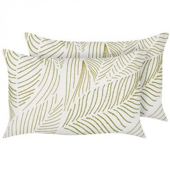 Set of 2 Handmade Rectangular Throw Pillows with Embroidered Leaves Pattern 30 x 50 cm White and Green