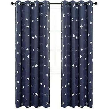 Navy Blue Anjee Dual Panel Blackout Curtains – 52x72, Thermal Insulated, Kids’ Nursery with Silver Stars