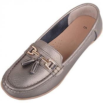 Casual Leather Slip-On Boat Sandals – Metallic Silver (Size 4)