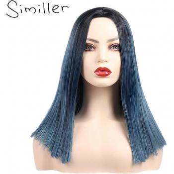 Similler Dark Root Ombre Blue Synthetic Wig 16 Inches for Women