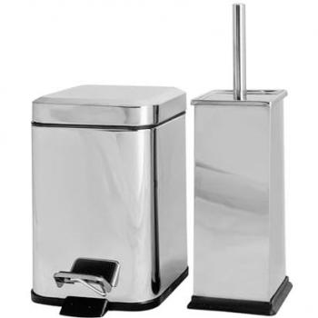 Square Chrome Toilet Brush and Pedal Bin Set
