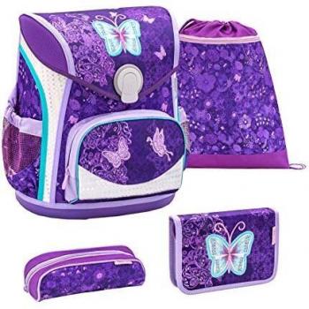 Belmil ergonomischer Schulranzen für Mädchen 1-4 Klasse Set 4-teilig mit Brustgurt, Hüftgurt, Magnetverschluss, Schmetterling, Lila