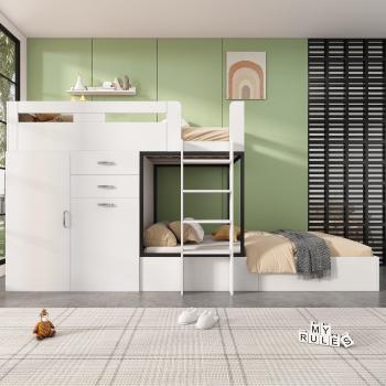 Lit superposé 2×90×200 cm, rangement armoire et bureau coulissant – blanc (sans matelas)
