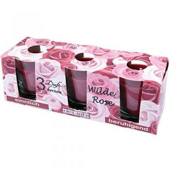 Duftkerzen Klassik 3er Set im Glas, lange Brenndauer und angenehmer Duft (Wilde Rose)