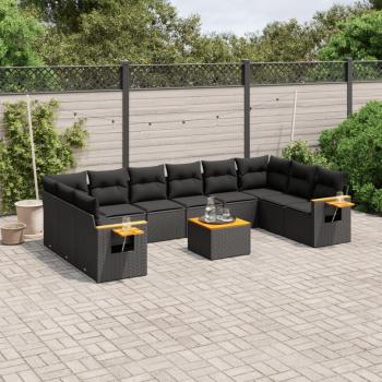11-Piece Outdoor Sofa Set with Cushions in Black Poly Rattan