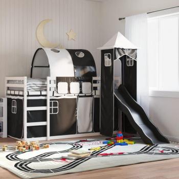 Lit superposé VidaXL 90x200 cm – Toboggan et rideaux blanc‑noir