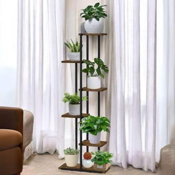 Scaffale per Piante Interno Metallo Nero 6 Ripiani in Legno