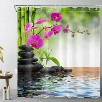 Rideau de douche robuste en polyester, motif pierre-noir avec touche florale – 90×180 cm