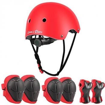 Jim's Store Kids Protective Gear Set 7pcs Adjustable Helmet Knee Pads Elbow Pads Wrist Pads for Skateboarding Red