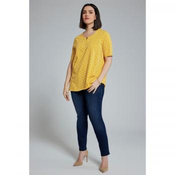 T-shirt dal taglio svasato con zip, scollo a girocollo e fantasia, Donna, Giallo, Taglia 52/54, Cotone