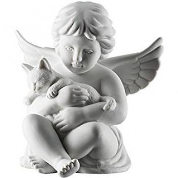 Rosenthal Engelfigur mittel, Engel mit Katze, weiß matt