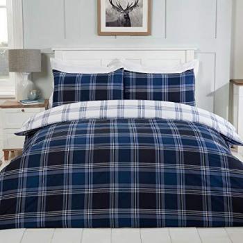 Sleepdown Tartan Check Navy Blue White Reversible Soft Easy Care Duvet Cover Quilt Bedding Set with Pillowcase