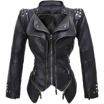 Damen Lederjacke mit Nieten, Faux PU, Motorradstil, europäische Größe