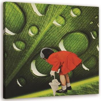Toile design Femme en robe rouge sur fond de rosée 30x30 vert