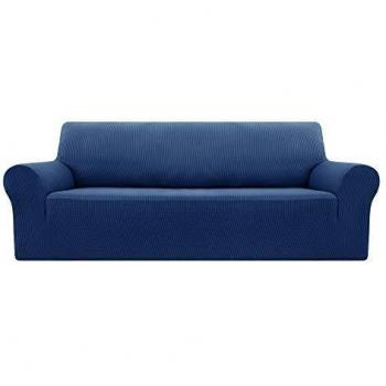 Deconovo Jacquard Sofa Cover Stretch Slipcovers Small Checks Polyester Anti-Slip Spandex Fabric Sofa Protector (Three Seater, Blue)
