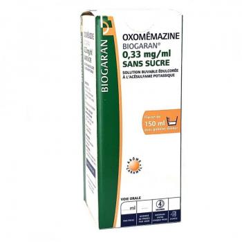 Oxomemazine Biogaran 0,33 mg/mL Soluté buvable sans sucre, flacon de 150 mL avec gobelet doseur et acésulfame potassique