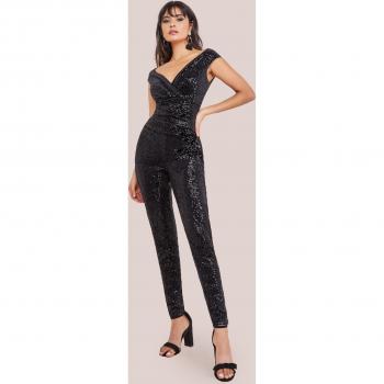 Black Sequin Velvet Bardot Romper Jumpsuit