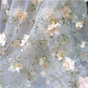 Bridal Gown Organza Lace Fabric with 3D Floral Appliques