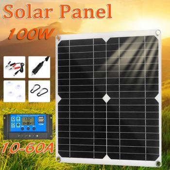Panneau solaire 100W, double sortie USB, contrôleur 12V/24V (10/20/30/40/50A/60A)