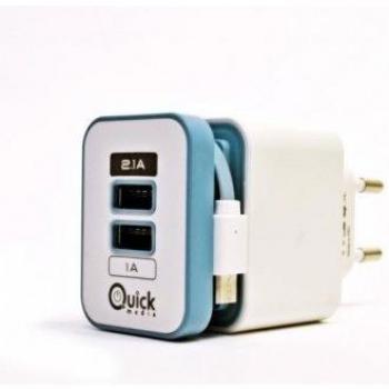 Cargador de Red Quick Media USB Doble Salida 2.1A + 1A y Cable Micro-USB