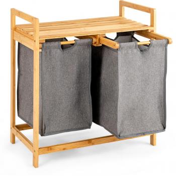 Cesta de Lavandería de Bambú con Doble Compartimiento y Bolsas Extraíbles