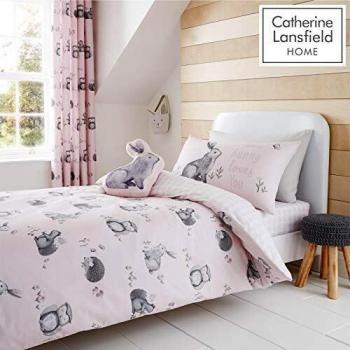 Catherine Lansfield Easy Care Single Duvet Cover in Pink with Woodland Friends Design