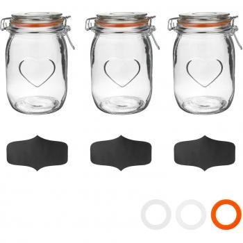 1 Litre Heart Glass Storage Jars with Labels