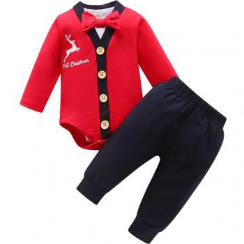 Newborn Baby Boys Christmas Gentleman Outfit Set with Romper and Cartoon Pants
