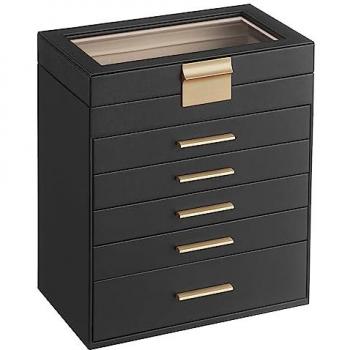 6-Tier Jewelry Storage Box with Glass Lid, Graphite Black + Gold