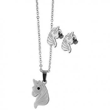 Edelstahl-Unicorn Schmuckset Damen: Kette, Anhänger, Ohrstecker – 48 cm Gesamt