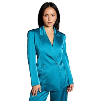 Mini Teal Double-Breasted Satin Blazer for Women – 16