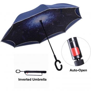 Umgekehrter Regenschirm mit Reflexstreifen, Inverser Autoregenschirm mit doppelten Schichten, TravelEase Auto-öffnen, selbststehender Regenschirm mit C-förmiger Krücke plus Tragetasche